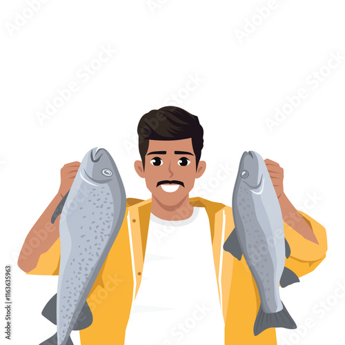 Fisherman hold big fish proud of good haul or hunt. Flat vector character illustration