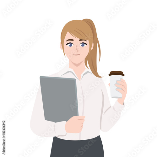Business woman holding laptop and cup of coffee. Flat vector character illustration