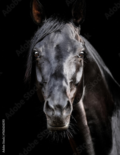 Primer plano frontal de la cara de un hermoso caballo negro purasangre
