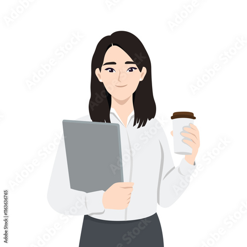 Young Business woman holding laptop and cup of coffee. Flat vector character illustration