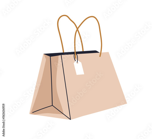 Paper shopping bag with handles. Eco-friendly biodegradable kraft package with tag, label. Plastic-free craft pack for retail purchases, sale. Flat vector illustration isolated on white background