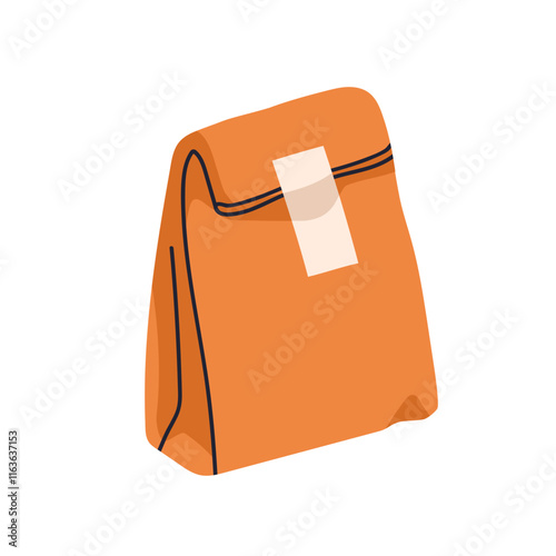 Kraft paper bag. Eco-friendly recyclable package. Sustainable craft pouch for natural product. Ecological pack, upright sack sealed with tape. Flat vector illustration isolated on white background