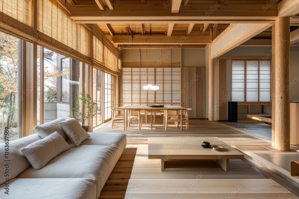 Obraz premium Minimalist japandi interior design living room modern home photography cozy environment natural light aesthetic concept for serenity and harmony