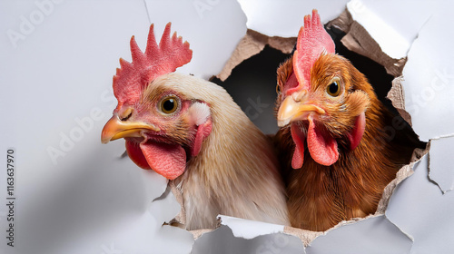 Funny Farm Chickens Looking Through a Wall Opening photo