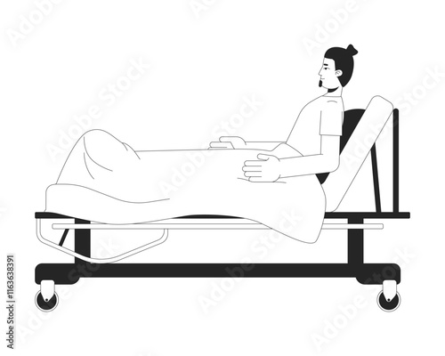 Man patient reclining on hospital bed with blanket black and white 2D line character. Hospitalization. Bedridden guy recovery in sickbed isolated vector outline person. Monochromatic spot illustration