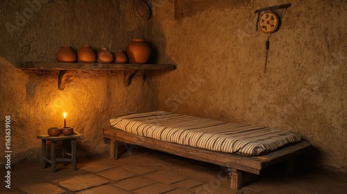 A simple mud house interior featuring a wooden cot with a striped cloth mattress, mud-plastered walls, and a shelf holding clay pots. 