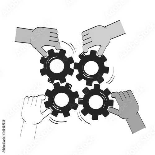 Collaborative effort teamwork cogs doodle line illustration concept. Problem solving. Four diverse hands turning interlocked gears 2D outline composition isolated. Hand drawn drawing monochrome