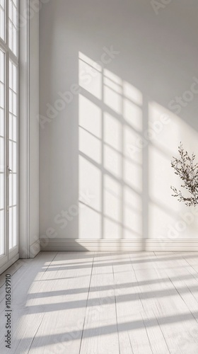 Bright  airy interior with soft shadows and minimalist decor  highlighting natural light and a touch of greenery.