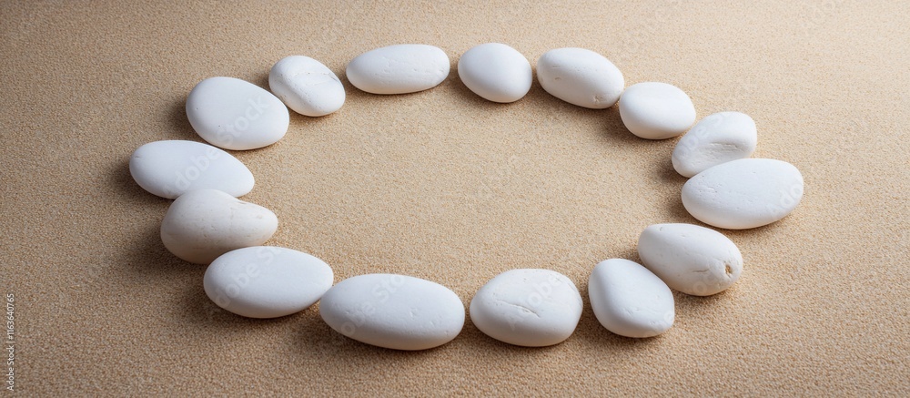 White stones arranged in a circle on beige surface. White stones arranged in a circle on beige surface.
