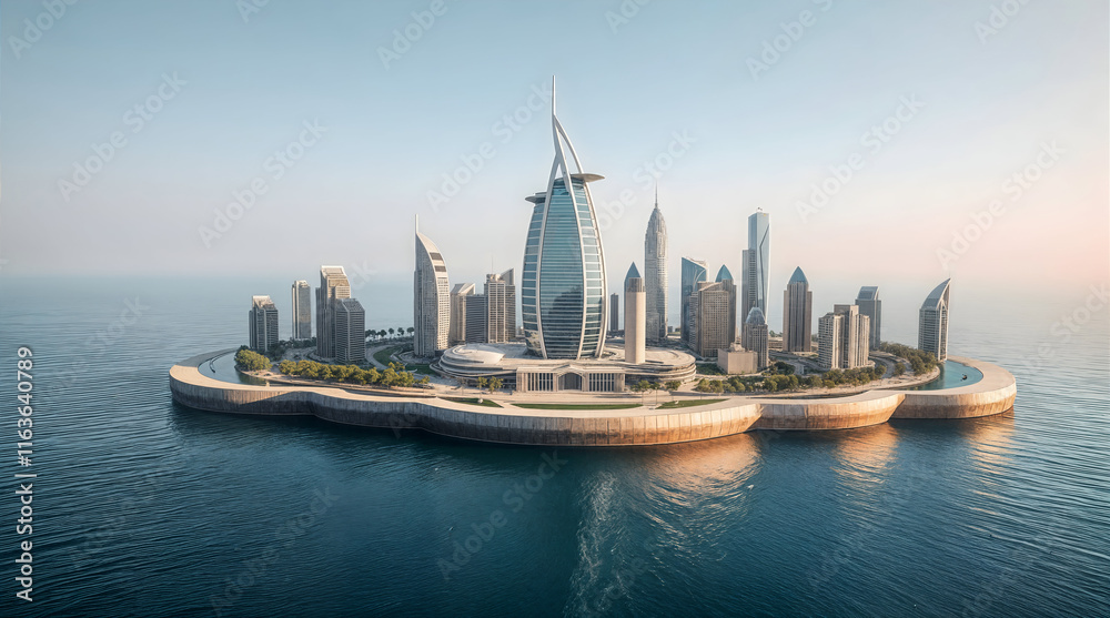 Fototapeta premium 3D Floating Island with Detailed Abu Dhabi Skyline isolated