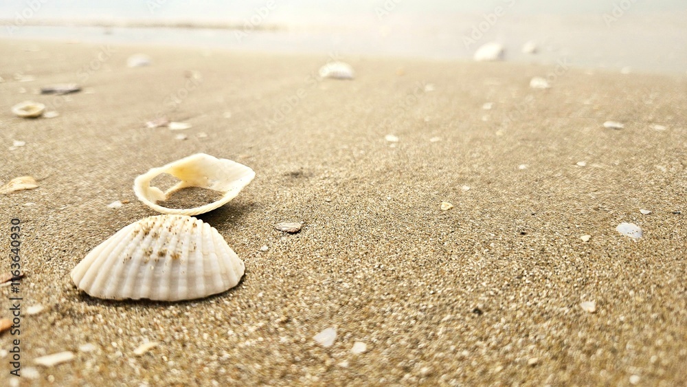Seashell and bivalve on sand beach landscape for decoration on summer holiday and sea life. Seashell and bivalve on sand beach landscape for decoration on summer holiday and sea life.