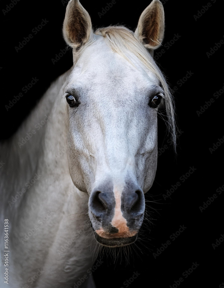 Obraz premium Primer plano frontal de la cara de un hermoso caballo blanco purasangre