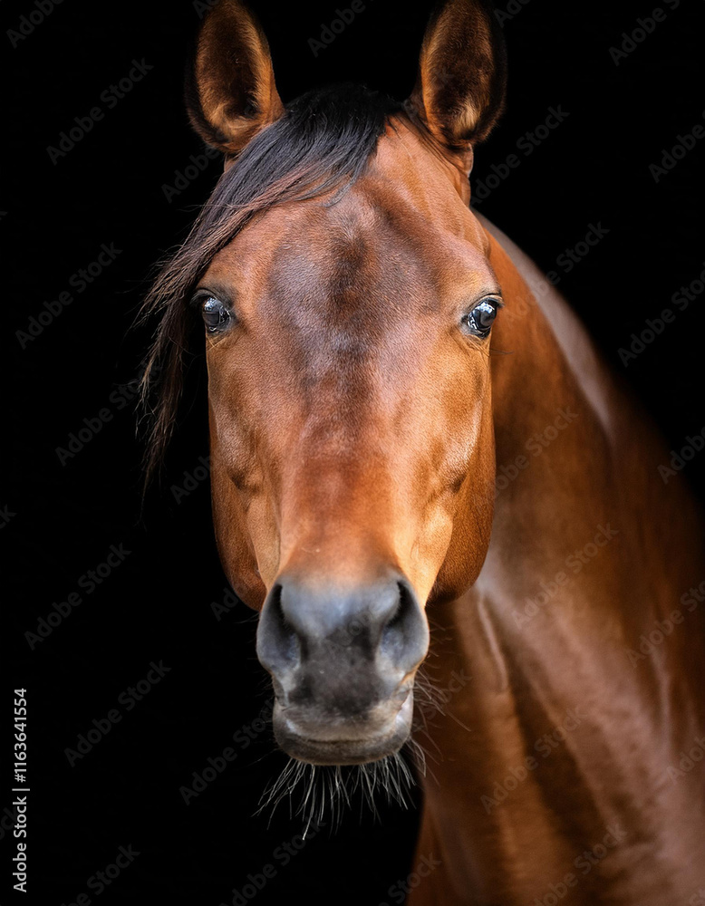 Fototapeta premium Primer plano frontal de la cara de un hermoso caballo marron purasangre