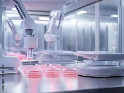 Automated laboratory setting featuring robotic arms handling petri dishes with pink cultures.