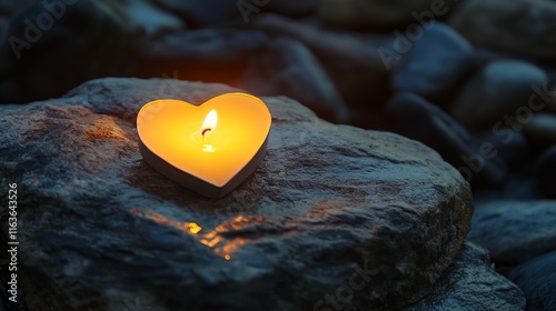 Heart-Shaped Candle Glowing on a Smooth Stone Surface at Dusk