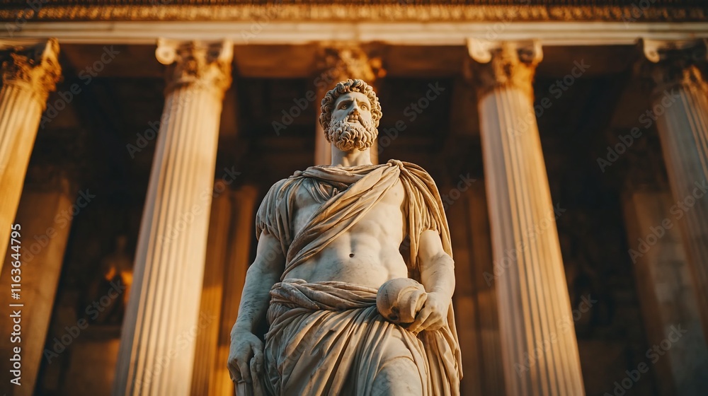 Ancient statue of a warrior in front of a classical building, sunlit. Ancient statue of a warrior in front of a classical building, sunlit.