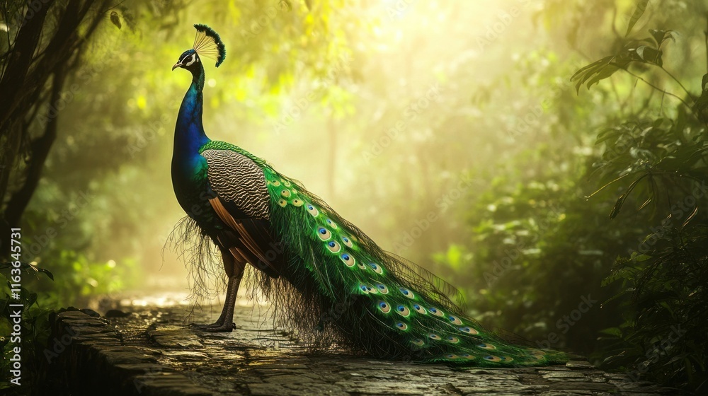 An Indian peacock standing in the middle of a rainforest pathway, its vibrant feathers glowing against the misty green background An Indian peacock standing in the middle of a rainforest pathway, its vibrant feathers glowing against the misty green background