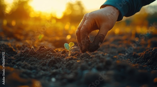 Food and Beverage,sustainable food A hand planting a small seedling in rich soil during sunset. photo