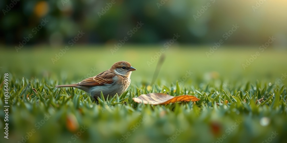 Fototapeta premium A small brown bird rests peacefully in a vibrant green grassy field, a fallen leaf nearby in the soft morning light.