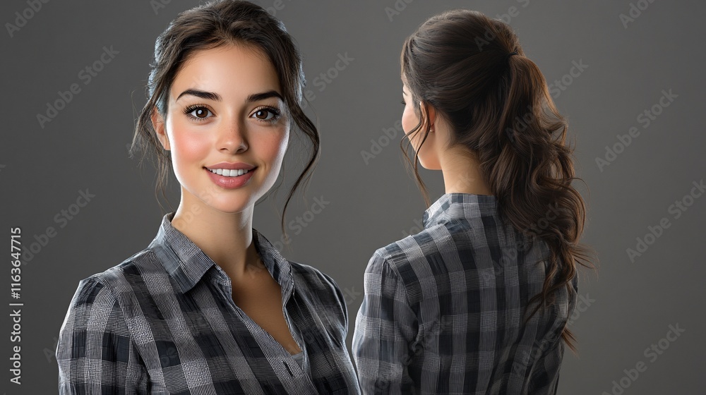A cheerful young woman of mixed ethnicity with long dark hair, wearing a stylish checked shirt, poses with a warm smile against a neutral backdrop. A cheerful young woman of mixed ethnicity with long dark hair, wearing a stylish checked shirt, poses with a warm smile against a neutral backdrop.