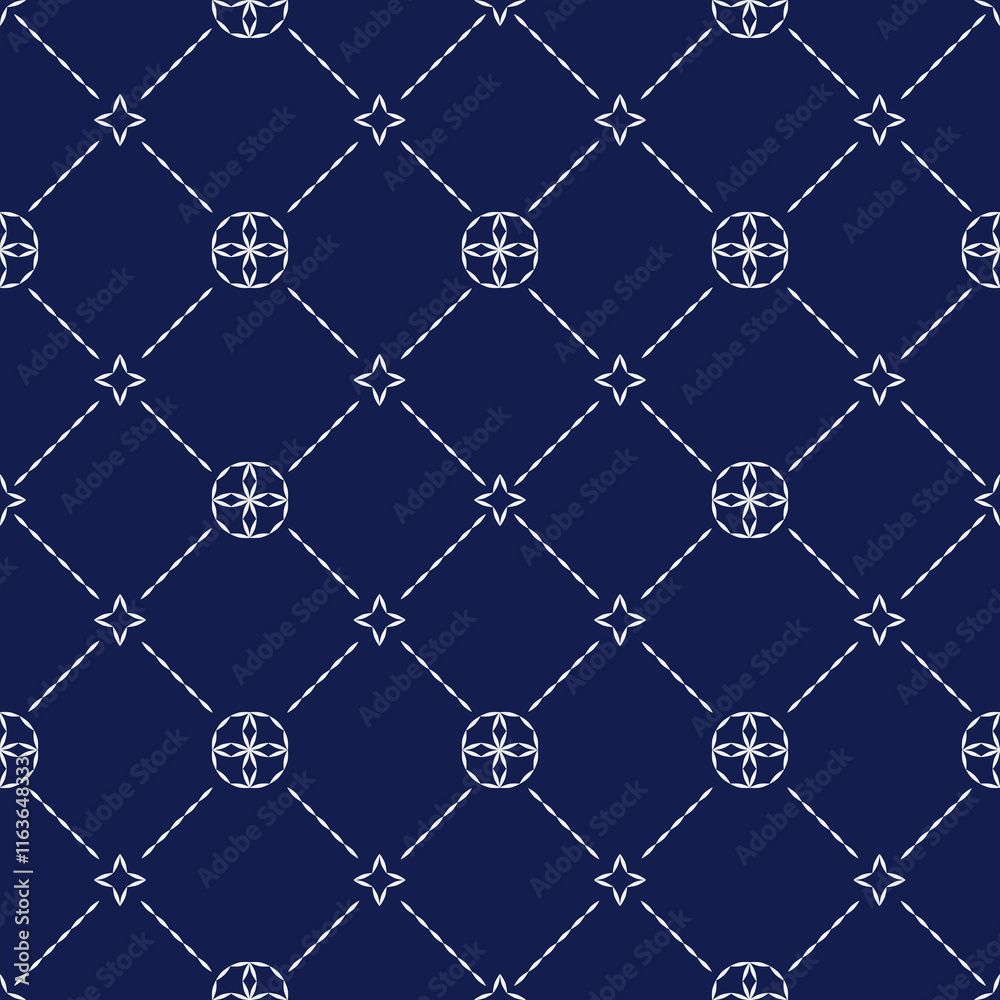 Fototapeta premium Sashiko embroidery seamless vector pattern. Needlework fabric design. Japanese embroidery ornament white stitches on the indigo blue background.