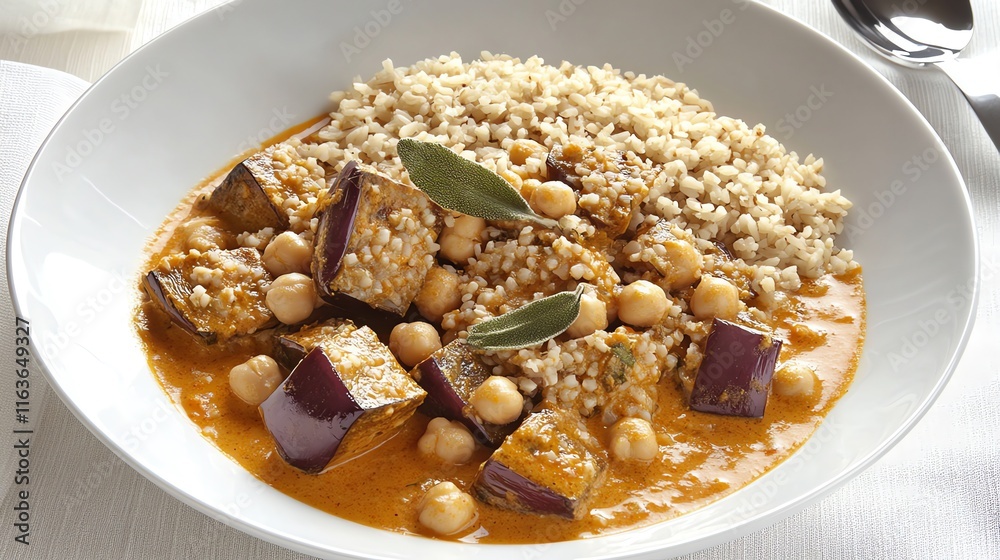 A bowl of chickpeas and eggplant in a rich sauce served with bulgur wheat. A bowl of chickpeas and eggplant in a rich sauce served with bulgur wheat.