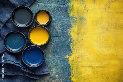 Food and Beverage,sustainable food Colorful paint cans on a textured surface with vibrant yellow and blue hues. photo