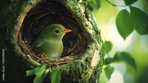 A small green bird perched in its nest surrounded by lush green leaves, embodying the tranquility of nature. photo