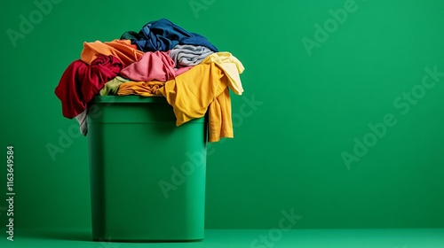 A vibrant green trash bin overflowing with a colorful pile of used clothes.
