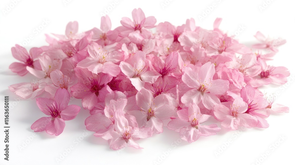Obraz premium Delicate pile of light pink cherry blossoms on white background.