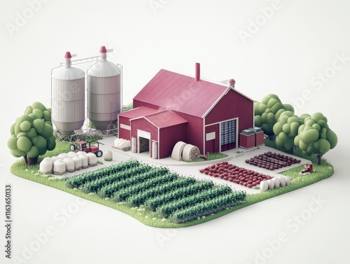 Food and Beverage,sustainable food Colorful farm scene with a red barn, crops, silos, and trees in a vibrant, cartoonish style. photo