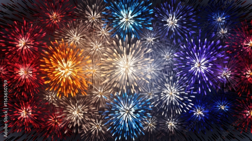 Fototapeta premium Radiant Symphony: Vibrant 3D-Rendered Fireworks Flat Lay with Glowing Streaks and Minimalist Composition