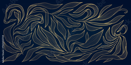 Vector leaf pattern gold line, art deco nature ornament, luxury foliage botanical background. Abstract texture plant design