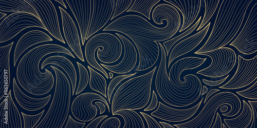 Vector leaf pattern gold line, art deco nature ornament, luxury foliage botanical background. Abstract texture plant design