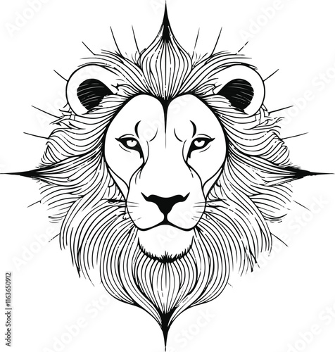 A minimalist lion face mandala illustration in a flat vector art style, set against a pristine white background, featuring intricate and symmetrical line patterns