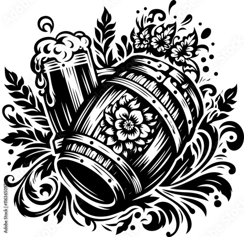 Floral Beer Barrel and Mug in Intricate Decorative Style