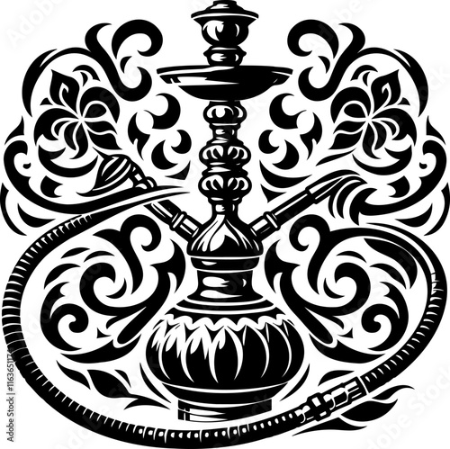 Vector stencil of a stylish hookah adorned with floral motifs