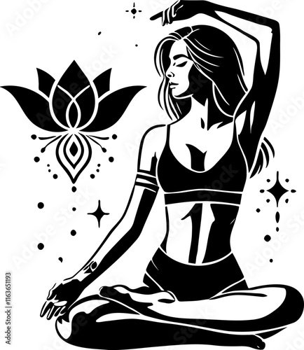 Yoga Pose with Lotus Flower in Artistic Silhouette Style