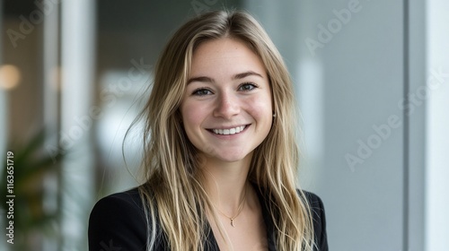 Young woman with a friendly expression, in a business blazer, smiling broadly, in an office environment. Free Download Young woman with a friendly expression, in a business blazer, smiling broadly, in an office environment. - GFXLoad