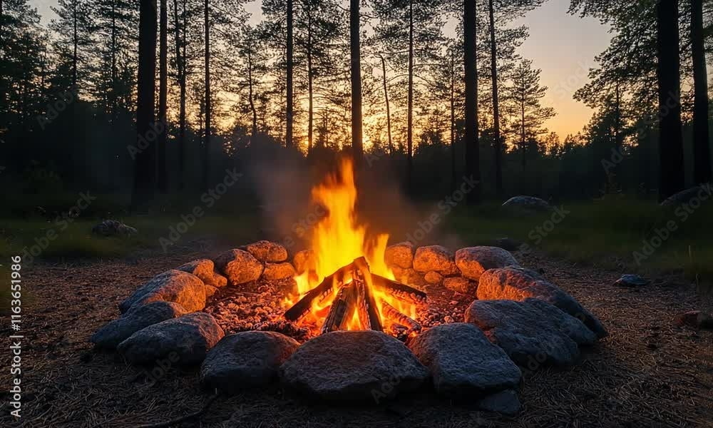A cozy campfire surrounded by stones, set against a sunset in a forest. A cozy campfire surrounded by stones, set against a sunset in a forest.