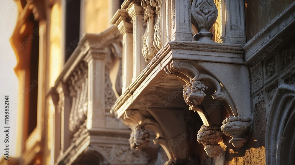 Fototapeta premium Ornate Venetian balconies with intricate stone carvings in warm sunlight.