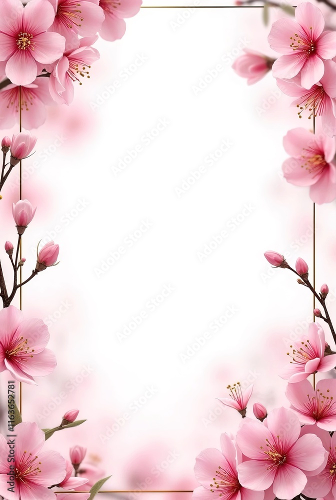 Spring theme. A border frame of cherry blossoms. Use for greeting, invitation card, poster, backdrop Spring theme. A border frame of cherry blossoms. Use for greeting, invitation card, poster, backdrop