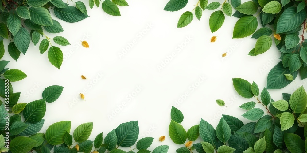 Fototapeta premium Vibrant Green Leaves Frame a Clean White Background, Perfect for Spring or Summer Designs