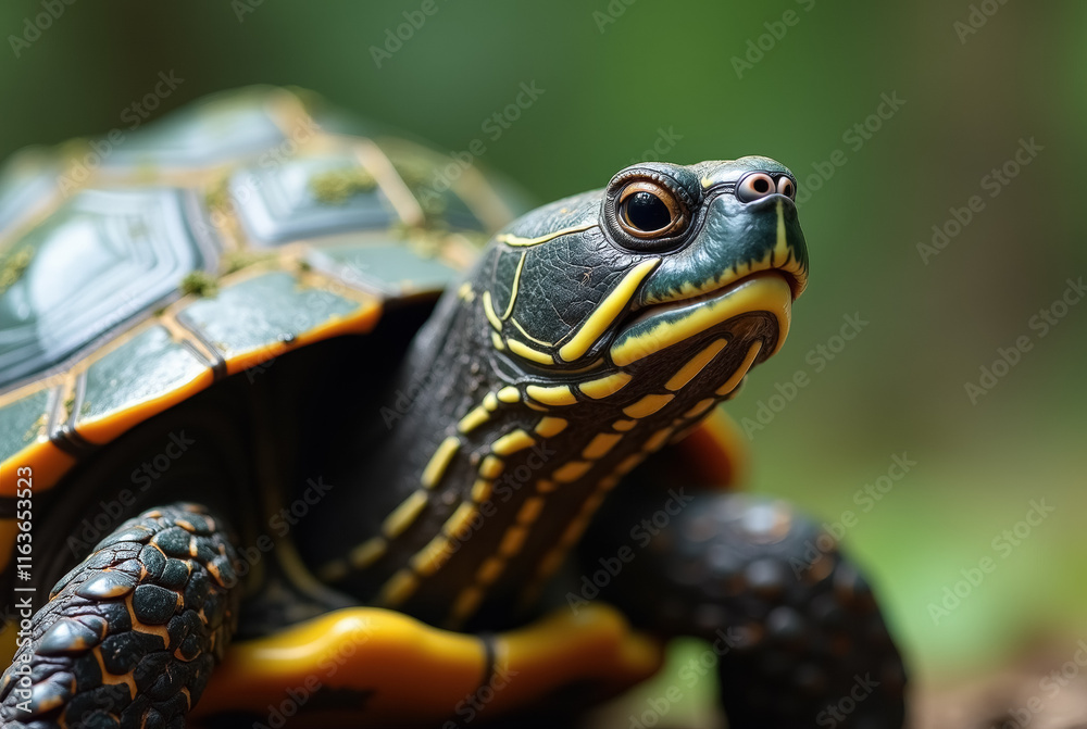 Close-up of turtle in a forest setting Close-up of turtle in a forest setting