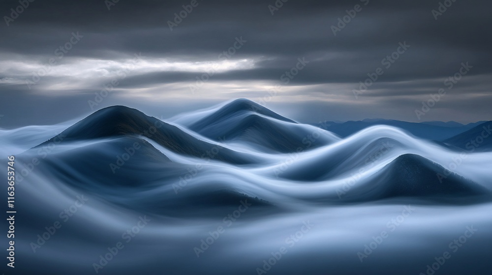 Obraz premium Misty mountain peaks, surreal landscape, dramatic cloudscape.