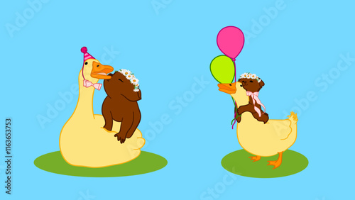 Friendship of duck and dog celebrating birthday