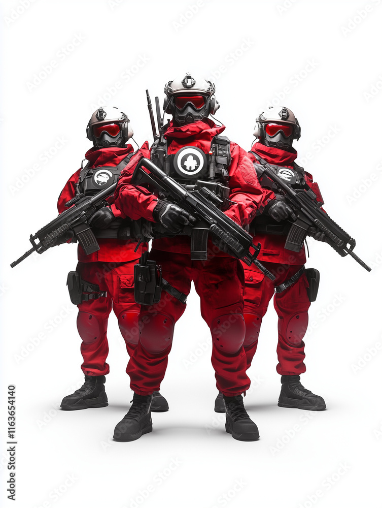 Three soldier wearing futuristic red and black uniforms Three soldier wearing futuristic red and black uniforms