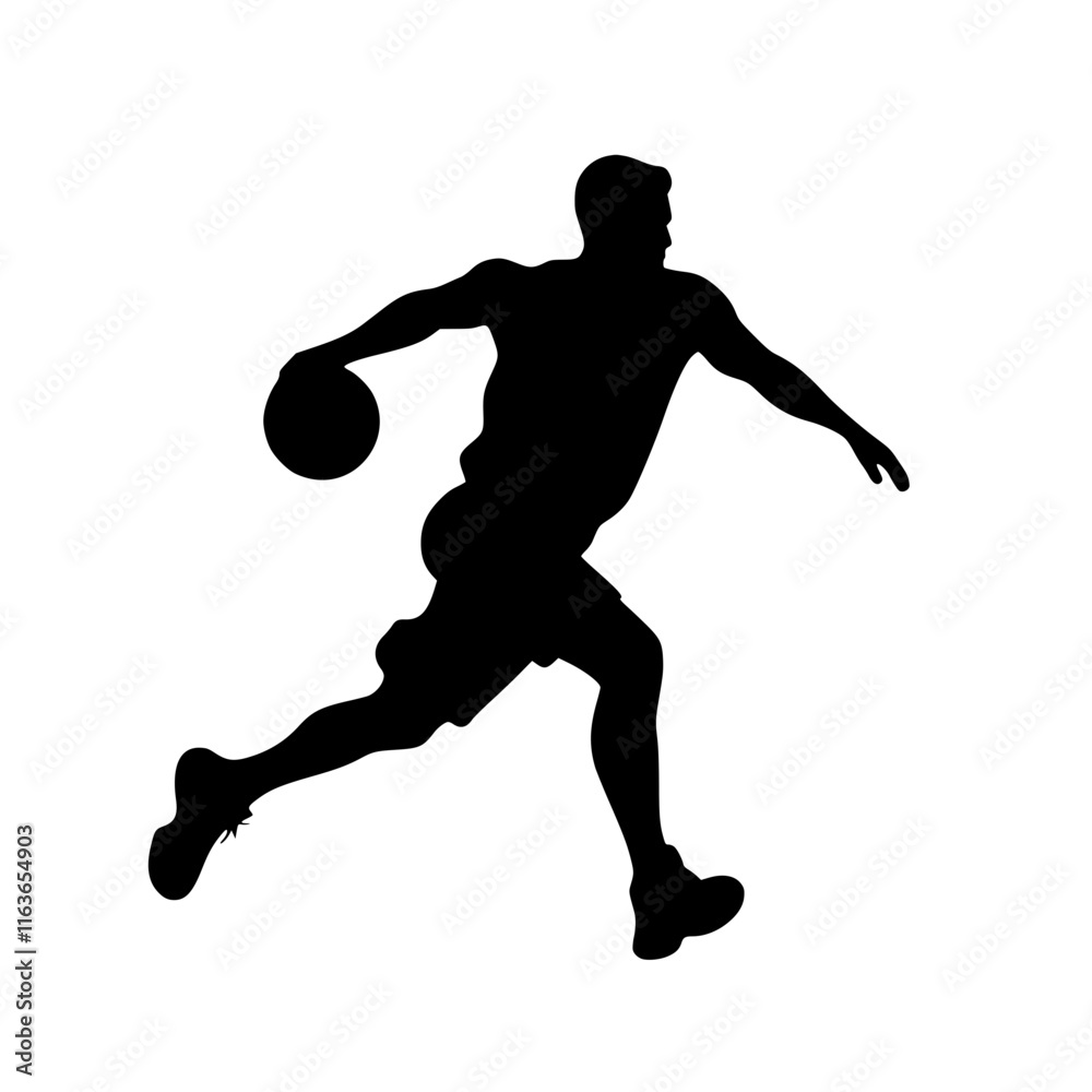 Obraz premium Basketball Player Jumping to Shoot Silhouette, Silhouette of a basketball player leaping to shoot the ball, emphasizing athleticism, movement, and action against a white background.