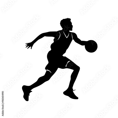 Basketball Player Jumping to Shoot Silhouette, Silhouette of a basketball player leaping to shoot the ball, emphasizing athleticism, movement, and action against a white background.

