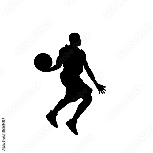 Basketball Player Jumping to Shoot Silhouette, Silhouette of a basketball player leaping to shoot the ball, emphasizing athleticism, movement, and action against a white background.

